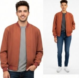 Scandia Woods Silk Blend Bomber Jacket Rust Brown Ribbed Detail Size Men's Med